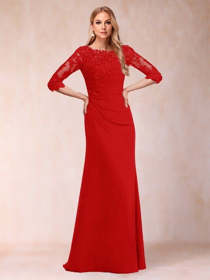 Robe de Mère de la Mariée Fourreau/Colonne à Manches 3/4 Froncées avec Appliques