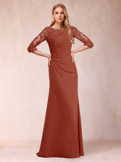Robe de Mère de la Mariée Fourreau/Colonne à Manches 3/4 Froncées avec Appliques