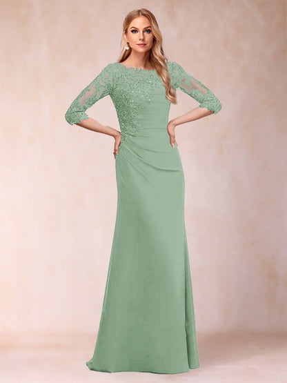 Robe de Mère de la Mariée Fourreau/Colonne à Manches 3/4 Froncées avec Appliques