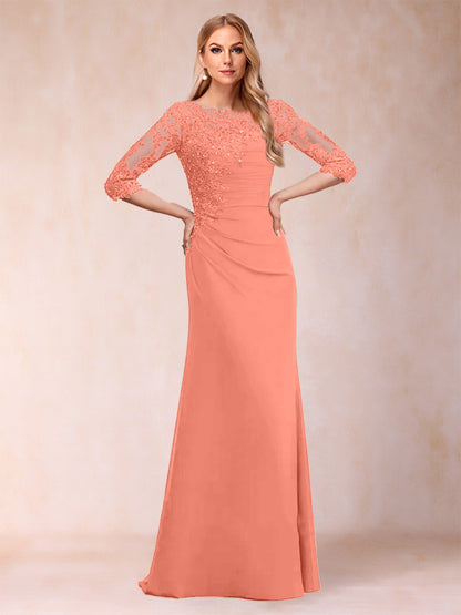 Robe de Mère de la Mariée Fourreau/Colonne à Manches 3/4 Froncées avec Appliques