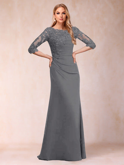 Robe de Mère de la Mariée Fourreau/Colonne à Manches 3/4 Froncées avec Appliques
