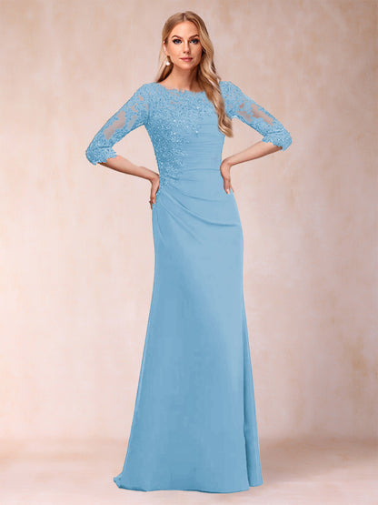 Robe de Mère de la Mariée Fourreau/Colonne à Manches 3/4 Froncées avec Appliques