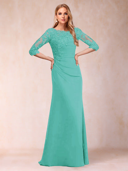 Robe de Mère de la Mariée Fourreau/Colonne à Manches 3/4 Froncées avec Appliques