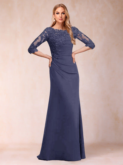 Robe de Mère de la Mariée Fourreau/Colonne à Manches 3/4 Froncées avec Appliques