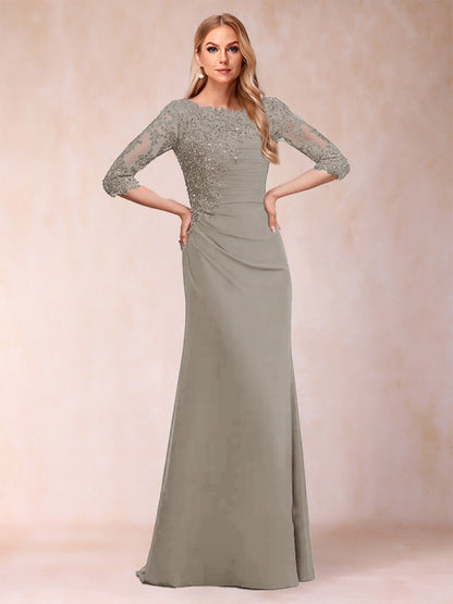 Robe de Mère de la Mariée Fourreau/Colonne à Manches 3/4 Froncées avec Appliques