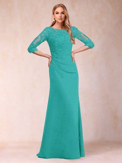 Robe de Mère de la Mariée Fourreau/Colonne à Manches 3/4 Froncées avec Appliques