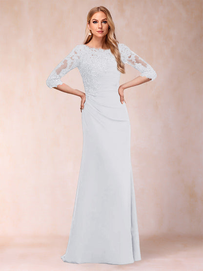 Robe de Mère de la Mariée Fourreau/Colonne à Manches 3/4 Froncées avec Appliques