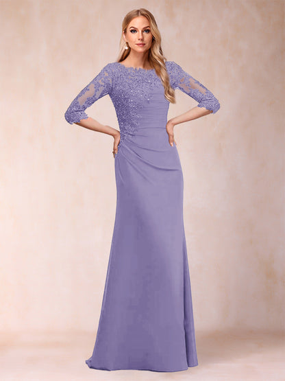 Robe de Mère de la Mariée Fourreau/Colonne à Manches 3/4 Froncées avec Appliques