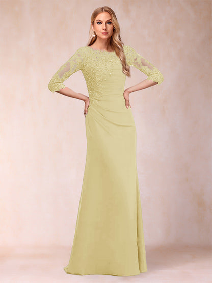 Robe de Mère de la Mariée Fourreau/Colonne à Manches 3/4 Froncées avec Appliques