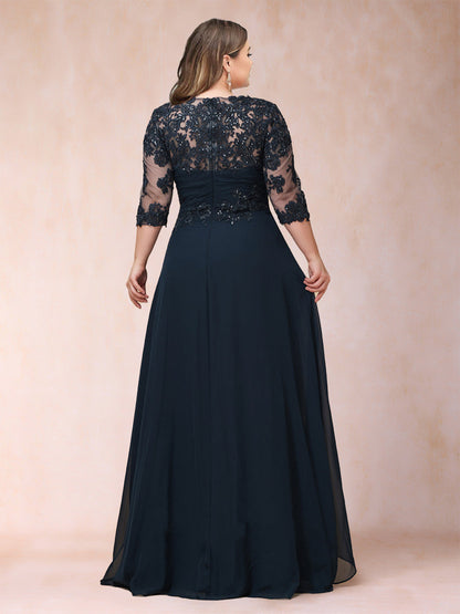 Robe de Mère de la Mariée Grande Taille à Manches 3/4 et Coupe Princesse avec Décolleté En V et Appliques