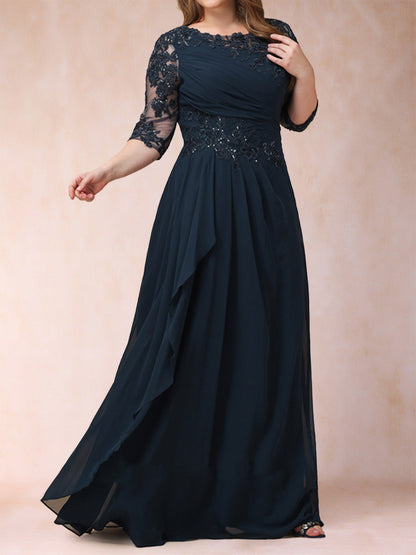 Robe de Mère de la Mariée Grande Taille à Manches 3/4 et Coupe Princesse avec Décolleté En V et Appliques