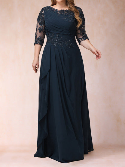 Robe de Mère de la Mariée Grande Taille à Manches 3/4 et Coupe Princesse avec Décolleté En V et Appliques