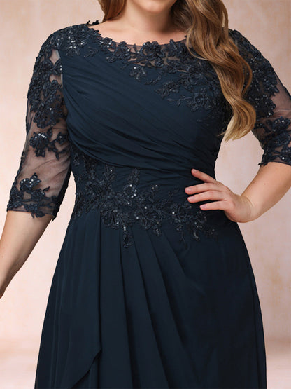 Robe de Mère de la Mariée Grande Taille à Manches 3/4 et Coupe Princesse avec Décolleté En V et Appliques
