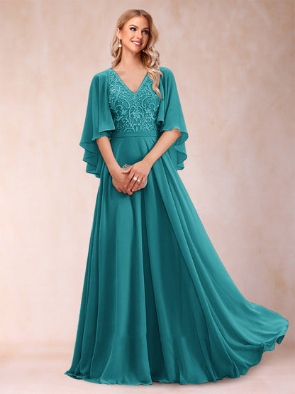 Robe de Mère de la Mariée Coupe A-Line/Princess à Demi-Manches et Col En V avec Appliques