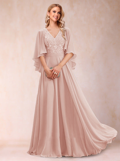 Robe de Mère de la Mariée Coupe A-Line/Princess à Demi-Manches et Col En V avec Appliques