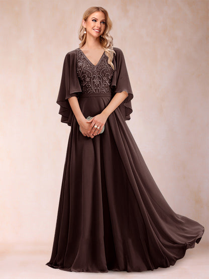 Robe de Mère de la Mariée Coupe A-Line/Princess à Demi-Manches et Col En V avec Appliques