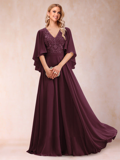 Robe de Mère de la Mariée Coupe A-Line/Princess à Demi-Manches et Col En V avec Appliques