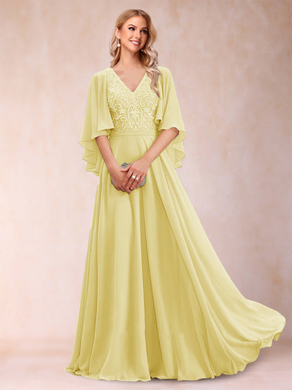 Robe de Mère de la Mariée Coupe A-Line/Princess à Demi-Manches et Col En V avec Appliques