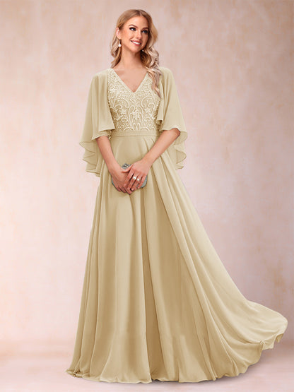 Robe de Mère de la Mariée Coupe A-Line/Princess à Demi-Manches et Col En V avec Appliques