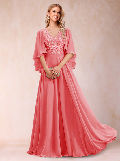 Robe de Mère de la Mariée Coupe A-Line/Princess à Demi-Manches et Col En V avec Appliques