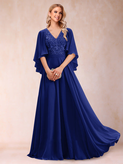 Robe de Mère de la Mariée Coupe A-Line/Princess à Demi-Manches et Col En V avec Appliques