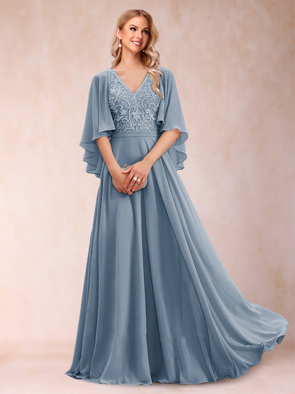 Robe de Mère de la Mariée Coupe A-Line/Princess à Demi-Manches et Col En V avec Appliques