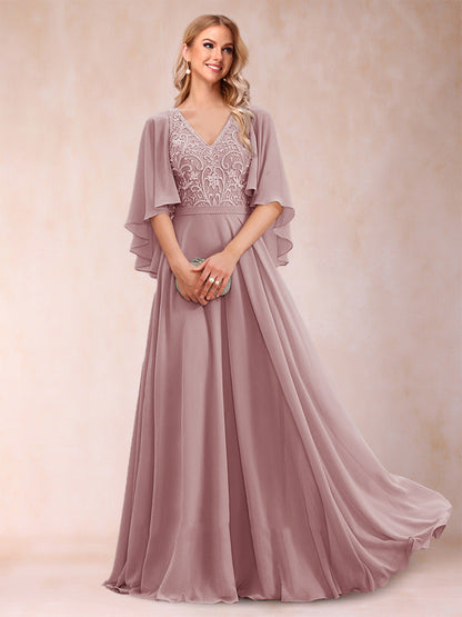 Robe de Mère de la Mariée Coupe A-Line/Princess à Demi-Manches et Col En V avec Appliques