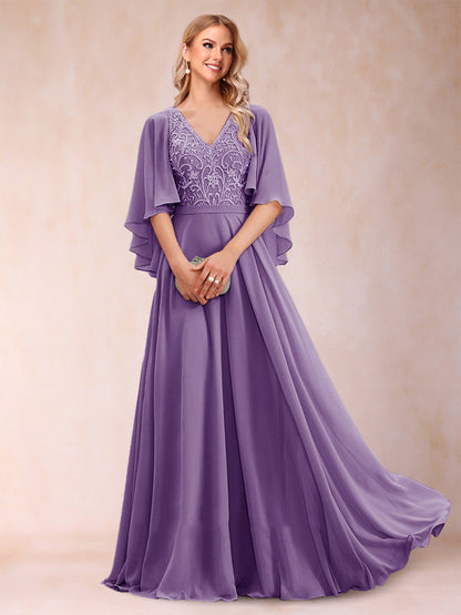 Robe de Mère de la Mariée Coupe A-Line/Princess à Demi-Manches et Col En V avec Appliques