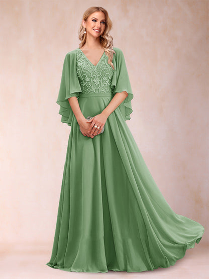 Robe de Mère de la Mariée Coupe A-Line/Princess à Demi-Manches et Col En V avec Appliques