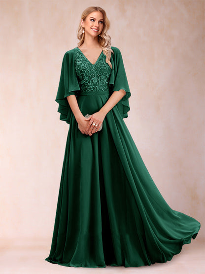 Robe de Mère de la Mariée Coupe A-Line/Princess à Demi-Manches et Col En V avec Appliques