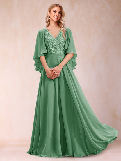 Robe de Mère de la Mariée Coupe A-Line/Princess à Demi-Manches et Col En V avec Appliques
