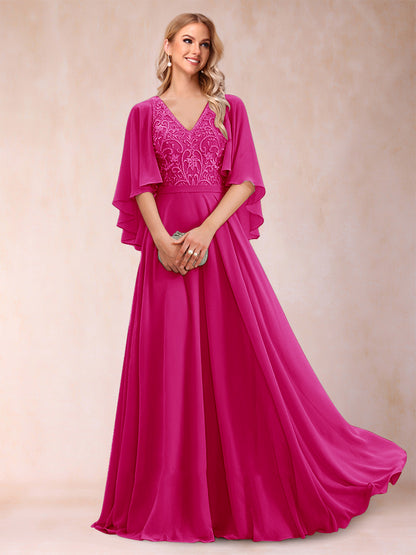 Robe de Mère de la Mariée Coupe A-Line/Princess à Demi-Manches et Col En V avec Appliques