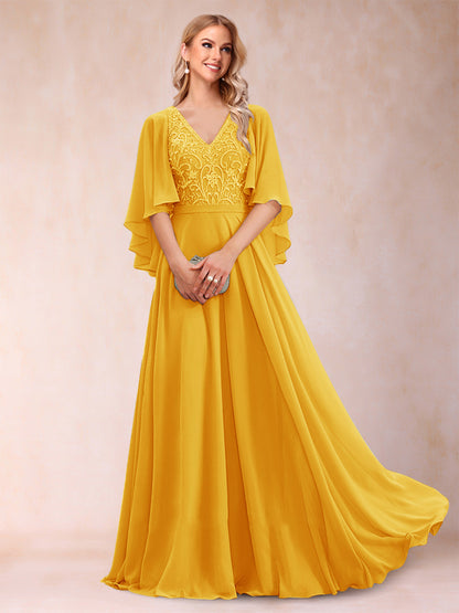 Robe de Mère de la Mariée Coupe A-Line/Princess à Demi-Manches et Col En V avec Appliques