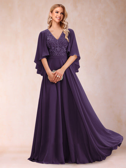 Robe de Mère de la Mariée Coupe A-Line/Princess à Demi-Manches et Col En V avec Appliques