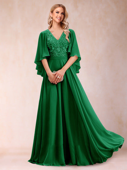 Robe de Mère de la Mariée Coupe A-Line/Princess à Demi-Manches et Col En V avec Appliques