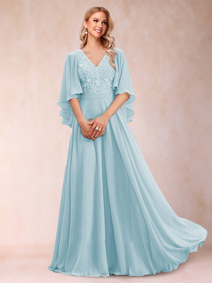 Robe de Mère de la Mariée Coupe A-Line/Princess à Demi-Manches et Col En V avec Appliques