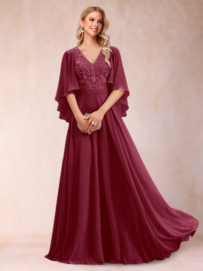 Robe de Mère de la Mariée Coupe A-Line/Princess à Demi-Manches et Col En V avec Appliques