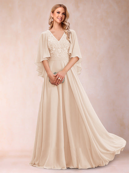 Robe de Mère de la Mariée Coupe A-Line/Princess à Demi-Manches et Col En V avec Appliques