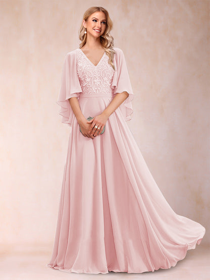Robe de Mère de la Mariée Coupe A-Line/Princess à Demi-Manches et Col En V avec Appliques