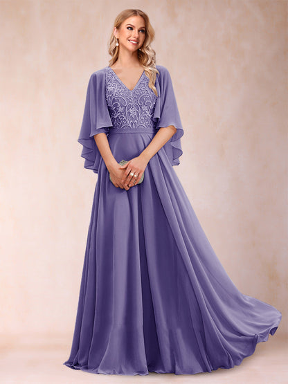 Robe de Mère de la Mariée Coupe A-Line/Princess à Demi-Manches et Col En V avec Appliques