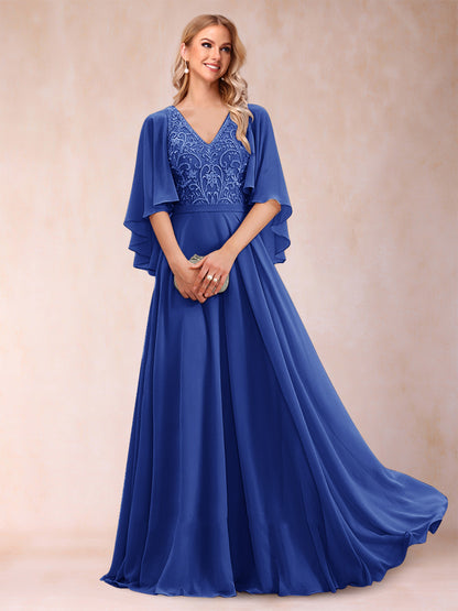 Robe de Mère de la Mariée Coupe A-Line/Princess à Demi-Manches et Col En V avec Appliques