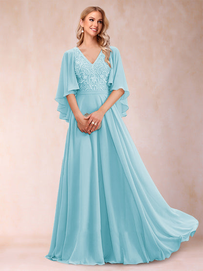 Robe de Mère de la Mariée Coupe A-Line/Princess à Demi-Manches et Col En V avec Appliques