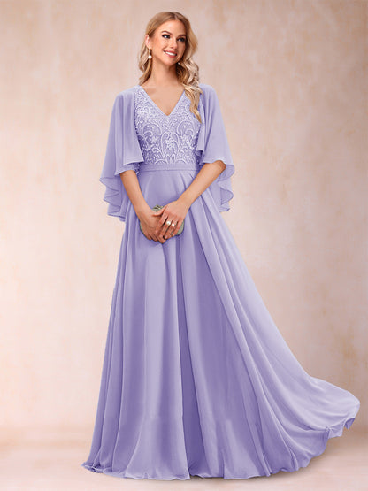Robe de Mère de la Mariée Coupe A-Line/Princess à Demi-Manches et Col En V avec Appliques