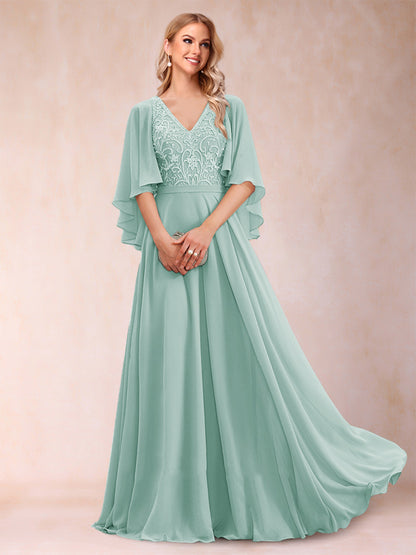 Robe de Mère de la Mariée Coupe A-Line/Princess à Demi-Manches et Col En V avec Appliques