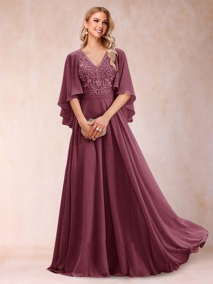 Robe de Mère de la Mariée Coupe A-Line/Princess à Demi-Manches et Col En V avec Appliques