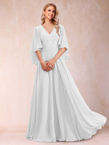 Robe de Mère de la Mariée Coupe A-Line/Princess à Demi-Manches et Col En V avec Appliques