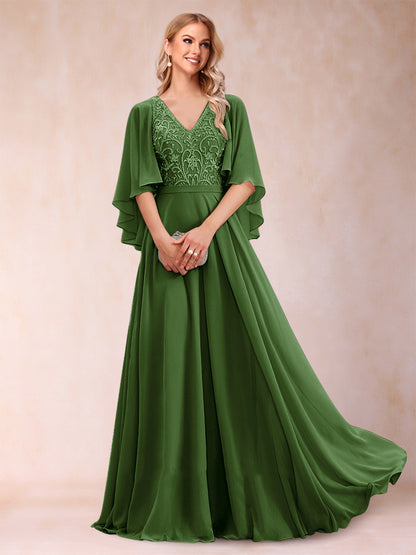 Robe de Mère de la Mariée Coupe A-Line/Princess à Demi-Manches et Col En V avec Appliques