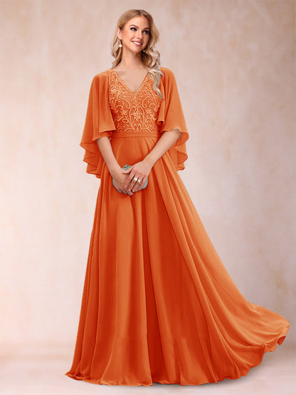 Robe de Mère de la Mariée Coupe A-Line/Princess à Demi-Manches et Col En V avec Appliques
