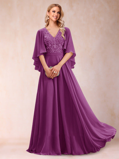 Robe de Mère de la Mariée Coupe A-Line/Princess à Demi-Manches et Col En V avec Appliques