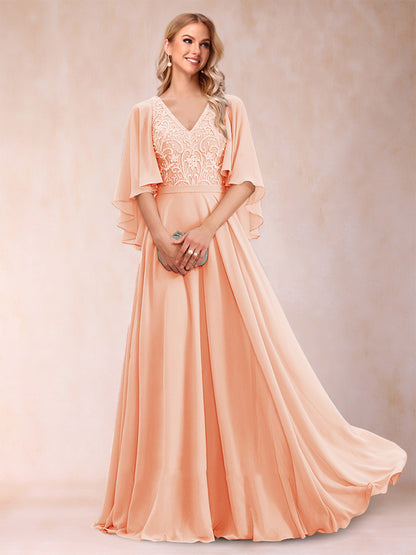 Robe de Mère de la Mariée Coupe A-Line/Princess à Demi-Manches et Col En V avec Appliques